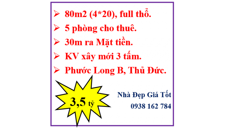 Bán gấp nhà 80m2 - Gần MT-5 phòng cho thuê - Phước Long B- TĐ- Chỉ 3.5 tỷ